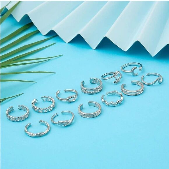 Silver Adjustable Open Toe Rings - Set of 12 - Picture 3 of 7